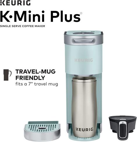 ماكينة صنع القهوة Keurig K-Mini Plus، ماكينة تحضير القهوة ذات الخدمة الفردية K-Cup، من 6 إلى 12 أونصة. حجم الشراب، يخزن ما يصل إلى 9 كبسولات K-Cup، أخضر ضبابي (متجدد) in Kuwait