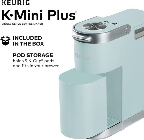 ماكينة صنع القهوة Keurig K-Mini Plus، ماكينة تحضير القهوة ذات الخدمة الفردية K-Cup، من 6 إلى 12 أونصة. حجم الشراب، يخزن ما يصل إلى 9 كبسولات K-Cup، أخضر ضبابي (متجدد) in Kuwait