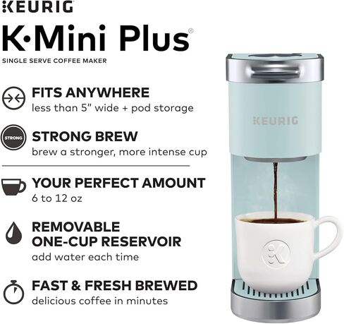 ماكينة صنع القهوة Keurig K-Mini Plus، ماكينة تحضير القهوة ذات الخدمة الفردية K-Cup، من 6 إلى 12 أونصة. حجم الشراب، يخزن ما يصل إلى 9 كبسولات K-Cup، أخضر ضبابي (متجدد) in Kuwait