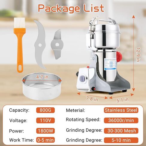 Electric Grain Mill Grinder 150g High-speed Grain Spice Herb Grinder 700W Dry Grinder Machine 304 Stainless Steel Superfine powder Grinder 36000r/min for Kitchen Home and Commercial (150G) in Saudi Arabia
