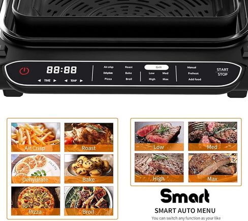 مجموعة شواية داخلية ومقلاة هوائية ذكية من Geek Chef، شواية كهربائية 7 في 1 بدون دخان، مع لوحة شواء غير لاصقة قابلة للإزالة، 6 شرائح لحم، 6 تقديم، تسخين سريع، تحكم دقيق، سهل التنظيف، وصفات إلكترونية & إكسسوارات، معتمدة من ETL، 1700 واط، أسود in Kuwait