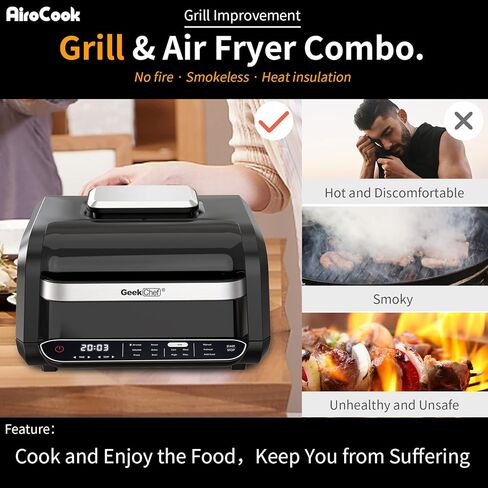 مجموعة شواية داخلية ومقلاة هوائية ذكية من Geek Chef، شواية كهربائية 7 في 1 بدون دخان، مع لوحة شواء غير لاصقة قابلة للإزالة، 6 شرائح لحم، 6 تقديم، تسخين سريع، تحكم دقيق، سهل التنظيف، وصفات إلكترونية & إكسسوارات، معتمدة من ETL، 1700 واط، أسود in Kuwait