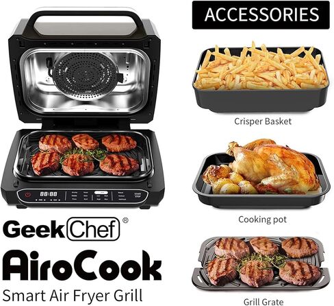 مجموعة شواية داخلية ومقلاة هوائية ذكية من Geek Chef، شواية كهربائية 7 في 1 بدون دخان، مع لوحة شواء غير لاصقة قابلة للإزالة، 6 شرائح لحم، 6 تقديم، تسخين سريع، تحكم دقيق، سهل التنظيف، وصفات إلكترونية & إكسسوارات، معتمدة من ETL، 1700 واط، أسود in Kuwait
