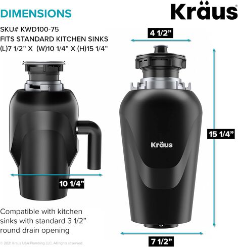 Kraus KWD100-75MBL WasteGuard التخلص المستمر من القمامة مع محرك فائق الهدوء بقوة 3/4 حصان لأحواض المطبخ مع سلك طاقة وشفة متضمنة، 15.25 بوصة، أسود in Kuwait