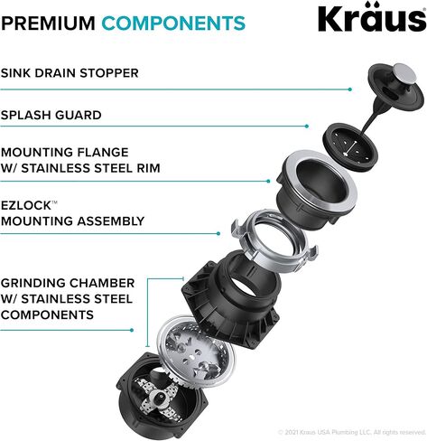 Kraus KWD100-75MBL WasteGuard التخلص المستمر من القمامة مع محرك فائق الهدوء بقوة 3/4 حصان لأحواض المطبخ مع سلك طاقة وشفة متضمنة، 15.25 بوصة، أسود in Kuwait