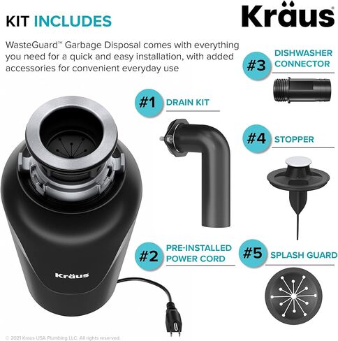 Kraus KWD100-75MBL WasteGuard التخلص المستمر من القمامة مع محرك فائق الهدوء بقوة 3/4 حصان لأحواض المطبخ مع سلك طاقة وشفة متضمنة، 15.25 بوصة، أسود in Kuwait