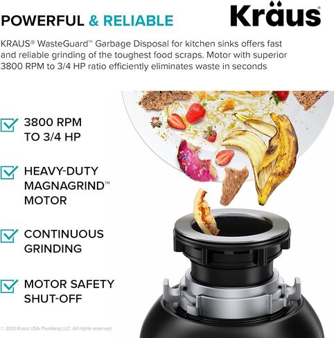 Kraus KWD100-75MBL WasteGuard التخلص المستمر من القمامة مع محرك فائق الهدوء بقوة 3/4 حصان لأحواض المطبخ مع سلك طاقة وشفة متضمنة، 15.25 بوصة، أسود in Kuwait