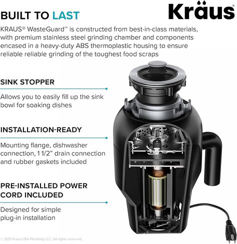 Kraus KWD100-75MBL WasteGuard التخلص المستمر من القمامة مع محرك فائق الهدوء بقوة 3/4 حصان لأحواض المطبخ مع سلك طاقة وشفة متضمنة، 15.25 بوصة، أسود in Kuwait
