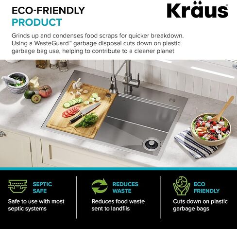 Kraus KWD100-75MBL WasteGuard التخلص المستمر من القمامة مع محرك فائق الهدوء بقوة 3/4 حصان لأحواض المطبخ مع سلك طاقة وشفة متضمنة، 15.25 بوصة، أسود in Kuwait