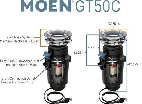 Moen GT50C Prep Series 1/2 Horsepower Continuous Feed Garbage Disposal featuring Fast Track Technology, Power Cord Included in Saudi Arabia