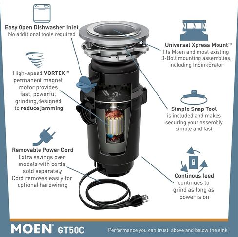 Moen GT50C Prep Series 1/2 Horsepower Continuous Feed Garbage Disposal featuring Fast Track Technology, Power Cord Included in Saudi Arabia