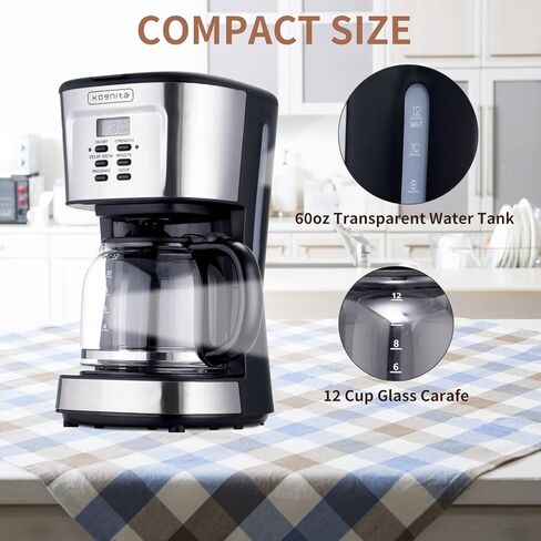 ماكينة صنع القهوة الحرارية 12 كوب من كوجنيتا، ماكينة صنع قهوة صغيرة قابلة للبرمجة مع إبريق زجاجي وفلتر، آلة صنع القهوة Dirp، تحافظ على الدفء، التحكم في قوة المشروب، إيقاف تلقائي للمشروب السريع 900 وات in Kuwait