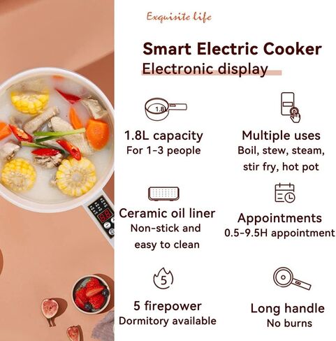 Drizzle Electric Hot Pot Cooker Steamer 1.8L Multifunctional Nonstick Pan Dormitory Office Portable Ramen Cooker Steamer Boil Dry Protection Suitable For Noodles Steak Cooker Eggs StirFrying in Kuwait