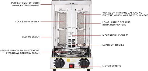 Royali Shawarma Gyro Tacos Al Pastor Doner Grill Small Home Machine Vertical Rotisserie Set of 3 Machine Meat Catcher (Catch Pan) and Propane Hose with Regulator in Saudi Arabia