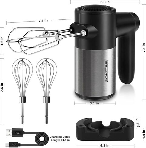 خلاط يدوي لاسلكي قابل لاعادة الشحن - خلاط كهربائي محمول باليد بـ7 سرعات مع قاعدة تخزين وشاشة رقمية و4 ملحقات من الستانلس ستيل لسهولة الخفق وخلط العجين والكوكيز والكعك in Kuwait
