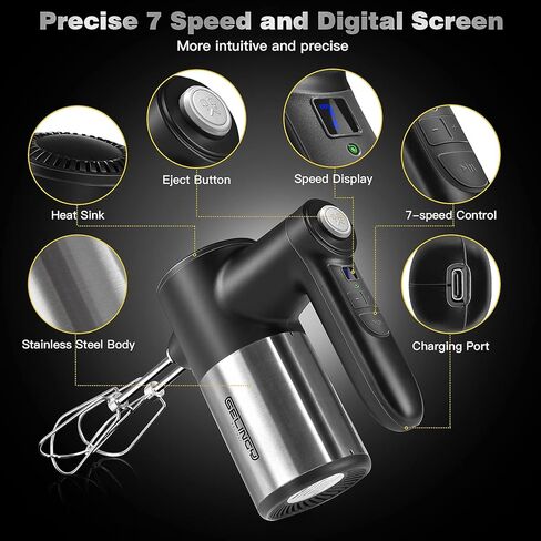 خلاط يدوي لاسلكي قابل لاعادة الشحن - خلاط كهربائي محمول باليد بـ7 سرعات مع قاعدة تخزين وشاشة رقمية و4 ملحقات من الستانلس ستيل لسهولة الخفق وخلط العجين والكوكيز والكعك in Kuwait