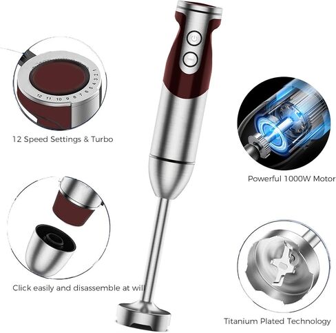 MegaWise 5-in-1 Immersion Hand Blender Set with Variable Speed, 400W, Stainless Steel - Includes Chopper, Whisk, Milk Frother, and Beaker - Ideal for Soups, Smoothies, Baby Food & More (RED) in Kuwait