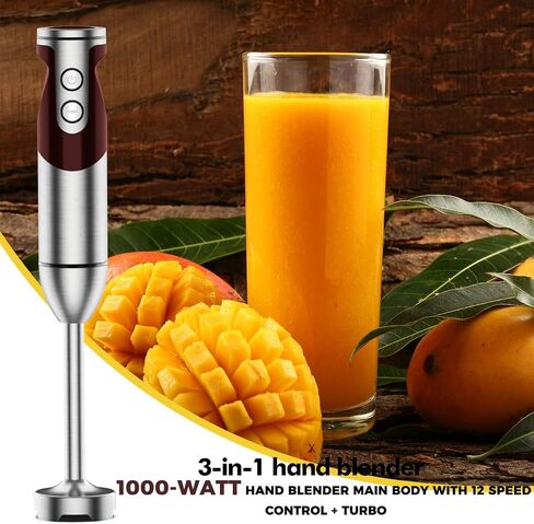 MegaWise 5-in-1 Immersion Hand Blender Set with Variable Speed, 400W, Stainless Steel - Includes Chopper, Whisk, Milk Frother, and Beaker - Ideal for Soups, Smoothies, Baby Food & More (RED) in Kuwait
