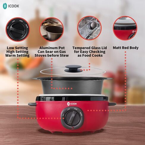 ICOOK USC-65-OP001BL 6.5 Quart Slow Cooker,Aluminium Sear/Sauté Stew Pot Stovetop safe,Dishwasher Safe,Glass Lid,Adjustable Temp,Food Warmer(Blue) in Saudi Arabia