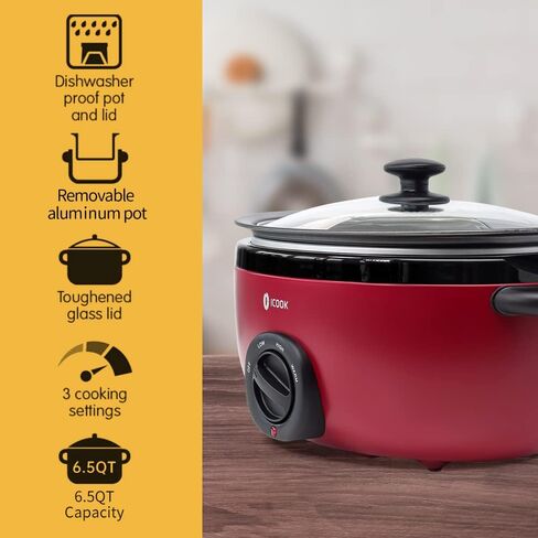 ICOOK USC-65-OP001BL 6.5 Quart Slow Cooker,Aluminium Sear/Sauté Stew Pot Stovetop safe,Dishwasher Safe,Glass Lid,Adjustable Temp,Food Warmer(Blue) in Saudi Arabia