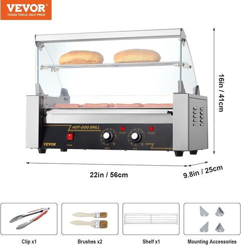 VEVOR Hot Dog Roller 5 Rollers 12 Hot Dogs Capacity, 750W Stainless Sausage Grill Cooker Machine with Dual Temp Control Glass Hood Acrylic Cover Bun Warmer Shelf Removable Oil Drip Tray ETL Certified in Saudi Arabia