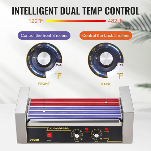 VEVOR Hot Dog Roller 5 Rollers 12 Hot Dogs Capacity, 750W Stainless Sausage Grill Cooker Machine with Dual Temp Control Glass Hood Acrylic Cover Bun Warmer Shelf Removable Oil Drip Tray ETL Certified in Saudi Arabia