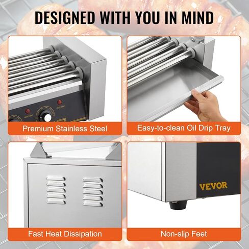 VEVOR Hot Dog Roller 5 Rollers 12 Hot Dogs Capacity, 750W Stainless Sausage Grill Cooker Machine with Dual Temp Control Glass Hood Acrylic Cover Bun Warmer Shelf Removable Oil Drip Tray ETL Certified in Saudi Arabia