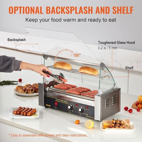 VEVOR Hot Dog Roller 5 Rollers 12 Hot Dogs Capacity, 750W Stainless Sausage Grill Cooker Machine with Dual Temp Control Glass Hood Acrylic Cover Bun Warmer Shelf Removable Oil Drip Tray ETL Certified in Saudi Arabia