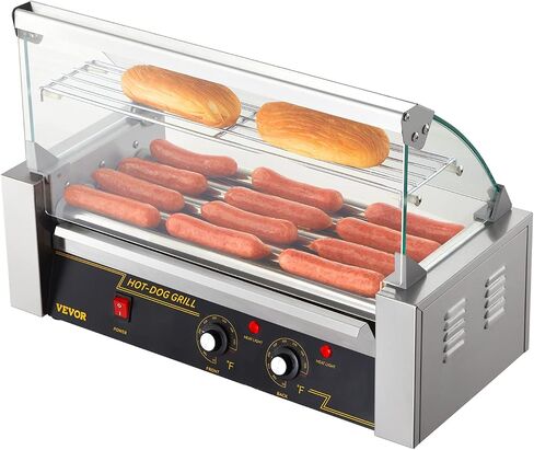 VEVOR Hot Dog Roller 5 Rollers 12 Hot Dogs Capacity, 750W Stainless Sausage Grill Cooker Machine with Dual Temp Control Glass Hood Acrylic Cover Bun Warmer Shelf Removable Oil Drip Tray ETL Certified in Saudi Arabia