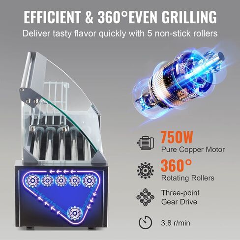 VEVOR Hot Dog Roller 5 Rollers 12 Hot Dogs Capacity, 750W Stainless Sausage Grill Cooker Machine with Dual Temp Control Glass Hood Acrylic Cover Bun Warmer Shelf Removable Oil Drip Tray ETL Certified in Saudi Arabia