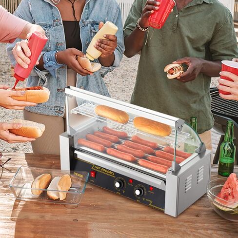 VEVOR Hot Dog Roller 5 Rollers 12 Hot Dogs Capacity, 750W Stainless Sausage Grill Cooker Machine with Dual Temp Control Glass Hood Acrylic Cover Bun Warmer Shelf Removable Oil Drip Tray ETL Certified in Saudi Arabia