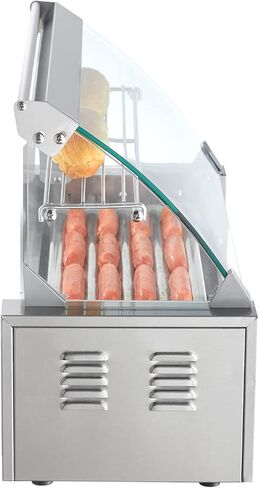VEVOR Hot Dog Roller 5 Rollers 12 Hot Dogs Capacity, 750W Stainless Sausage Grill Cooker Machine with Dual Temp Control Glass Hood Acrylic Cover Bun Warmer Shelf Removable Oil Drip Tray ETL Certified in Saudi Arabia