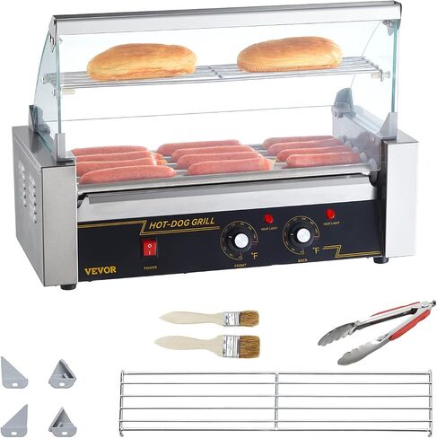 VEVOR Hot Dog Roller 5 Rollers 12 Hot Dogs Capacity, 750W Stainless Sausage Grill Cooker Machine with Dual Temp Control Glass Hood Acrylic Cover Bun Warmer Shelf Removable Oil Drip Tray ETL Certified in Saudi Arabia