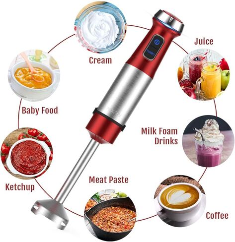 خلاط يدوي غمر، سرعة 500 واط، خلاط ذكي 4 في 1 مع وعاء خلط 800 مل، رغوة الحليب، خفق البيض للعصائر/هريس أغذية الأطفال/الصلصات/الشوربات، أحمر in Kuwait