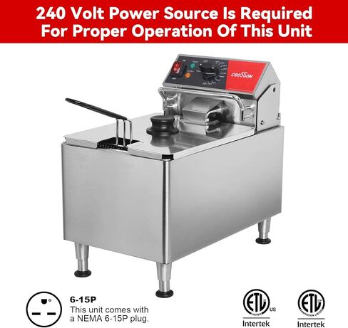 مقلاة كهربائية عميقة من كروسون التجارية ETL سعة 15 رطل 240 فولت مع سلة آمنة لغسالة الأطباق الصلبة لا تحتاج إلى تجميع، وساق وغطاء قابلان للتعديل للاستخدام في المطاعم، 3300 وات باستخدام مقلاة عميقة من الفولاذ المقاوم للصدأ NEMA 6-15P PLUG in Kuwait