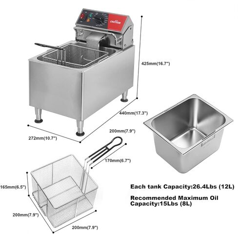 مقلاة كهربائية عميقة من كروسون التجارية ETL سعة 15 رطل 240 فولت مع سلة آمنة لغسالة الأطباق الصلبة لا تحتاج إلى تجميع، وساق وغطاء قابلان للتعديل للاستخدام في المطاعم، 3300 وات باستخدام مقلاة عميقة من الفولاذ المقاوم للصدأ NEMA 6-15P PLUG in Kuwait