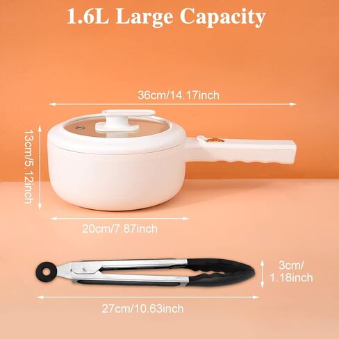 Electric Hot Pot Cooker Steamer,1.6L Portable Electric Cooker with Steamer, Food Tong, Ramen Noodle Cooker,Non Stick, Mini Hot Pot,Dorm Cooking Pot with Dual Power Setting(White) in Saudi Arabia