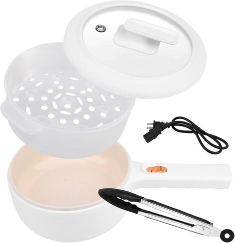 Electric Hot Pot Cooker Steamer,1.6L Portable Electric Cooker with Steamer, Food Tong, Ramen Noodle Cooker,Non Stick, Mini Hot Pot,Dorm Cooking Pot with Dual Power Setting(White) in Saudi Arabia
