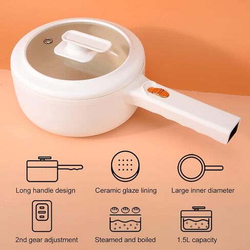 Electric Hot Pot Cooker Steamer,1.6L Portable Electric Cooker with Steamer, Food Tong, Ramen Noodle Cooker,Non Stick, Mini Hot Pot,Dorm Cooking Pot with Dual Power Setting(White) in Saudi Arabia