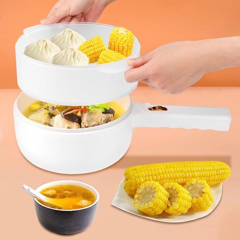 Electric Hot Pot Cooker Steamer,1.6L Portable Electric Cooker with Steamer, Food Tong, Ramen Noodle Cooker,Non Stick, Mini Hot Pot,Dorm Cooking Pot with Dual Power Setting(White) in Saudi Arabia