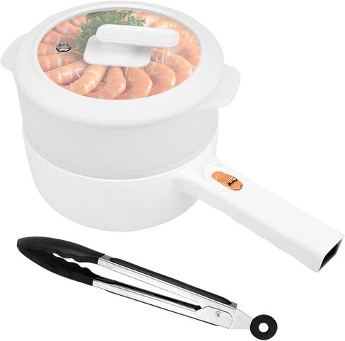 Electric Hot Pot Cooker Steamer,1.6L Portable Electric Cooker with Steamer, Food Tong, Ramen Noodle Cooker,Non Stick, Mini Hot Pot,Dorm Cooking Pot with Dual Power Setting(White) in Saudi Arabia
