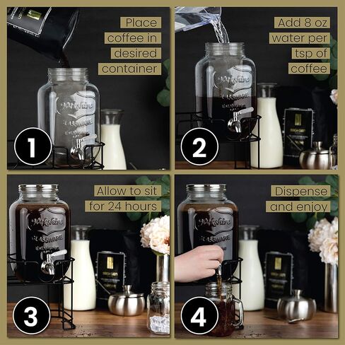 ماكينة تحضير القهوة الباردة الفاخرة سعة 1 جالون - موزع زجاجي قوي سعة 4 كوارت مع موزع حنفية معدنية وفلتر معدني وغطاء معدني محكم الغلق - للتخمير البارد بكميات كبيرة كيتشن تولز in Kuwait