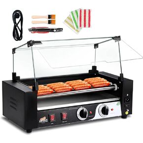1000W Hot Dog Roller Machine,Dual Temp Control Commercial Grill Cooker Machine with Removable Stainless Steel Drip Tray and Cover, 12 Hot Dog 5 Rollers,Sausage Grill Cooker for Party Kitchen Restaurant in Kuwait