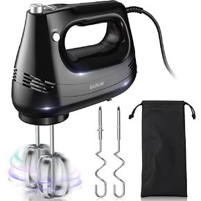 GUALIU Electric Hand Mixer with Stainless Steel egg beater, dough hook attachment and storage bag Compact lightweight hand Mixer for baking cakes, eggs, cream food mixers. Turbocharged /5 Speed + eject Button Kitchen Blender