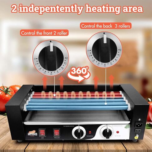 1000W Hot Dog Roller Machine,Dual Temp Control Commercial Grill Cooker Machine with Removable Stainless Steel Drip Tray and Cover, 12 Hot Dog 5 Rollers,Sausage Grill Cooker for Party Kitchen Restaurant in Kuwait