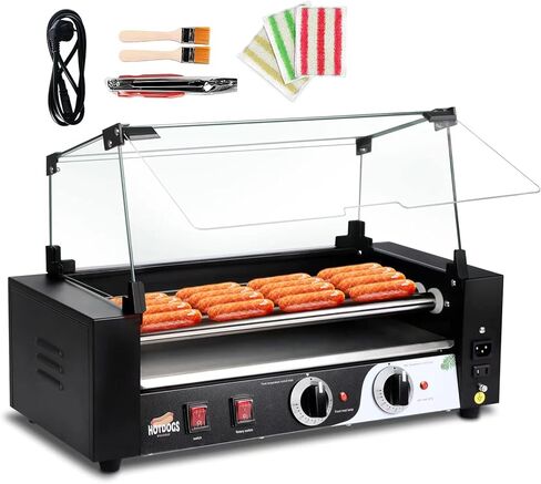 1000W Hot Dog Roller Machine,Dual Temp Control Commercial Grill Cooker Machine with Removable Stainless Steel Drip Tray and Cover, 12 Hot Dog 5 Rollers,Sausage Grill Cooker for Party Kitchen Restaurant in Kuwait