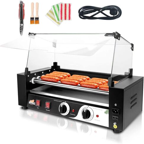 1000W Hot Dog Roller Machine,Dual Temp Control Commercial Grill Cooker Machine with Removable Stainless Steel Drip Tray and Cover, 12 Hot Dog 5 Rollers,Sausage Grill Cooker for Party Kitchen Restaurant in Kuwait