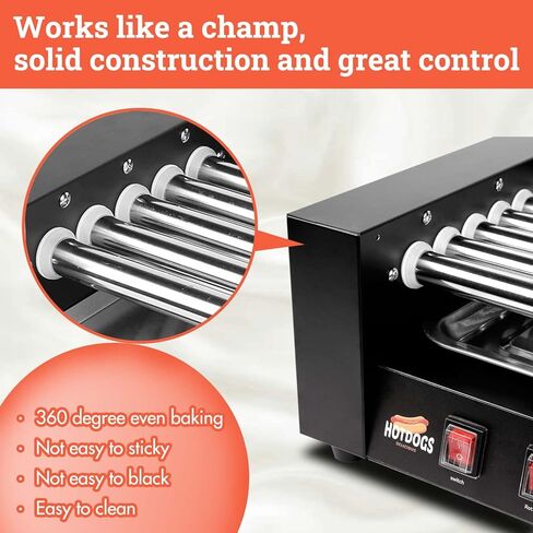 1000W Hot Dog Roller Machine,Dual Temp Control Commercial Grill Cooker Machine with Removable Stainless Steel Drip Tray and Cover, 12 Hot Dog 5 Rollers,Sausage Grill Cooker for Party Kitchen Restaurant in Kuwait