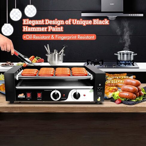 1000W Hot Dog Roller Machine,Dual Temp Control Commercial Grill Cooker Machine with Removable Stainless Steel Drip Tray and Cover, 12 Hot Dog 5 Rollers,Sausage Grill Cooker for Party Kitchen Restaurant in Kuwait