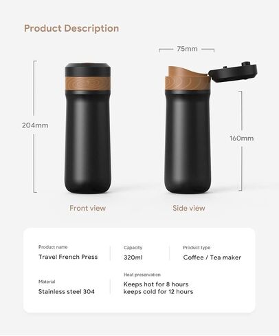 Portable French Press Car-Go Coffee Maker Vacuum Insulated Travel Coffee Mug Cup, Hot/Cold Brew Coffee Press With Unique Filter Stainless Steel Tea Maker Coffee Pot Outdoor Camping Bottle, 320ml/11oz in Kuwait